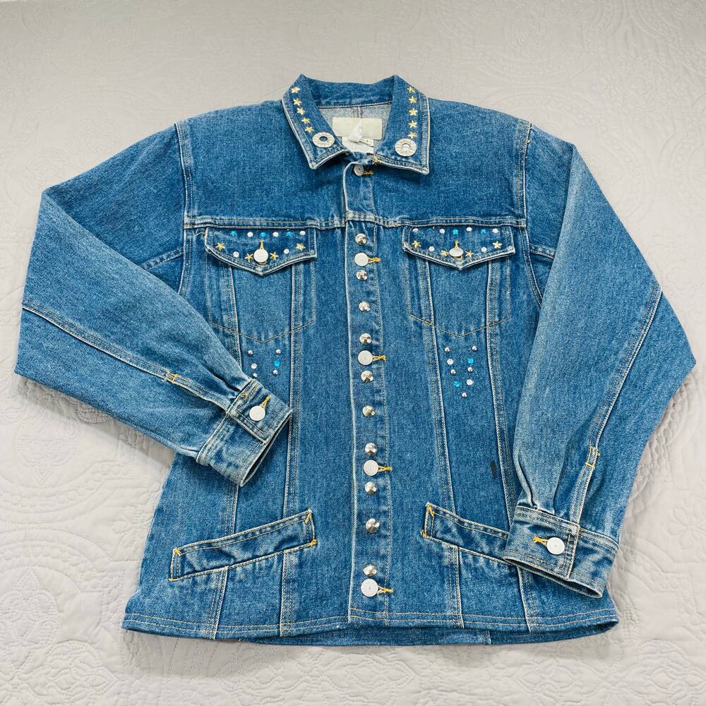 Vintage Freego Denim Jacket Womens medium Bedazzled Jeweled Rhinestone Classic